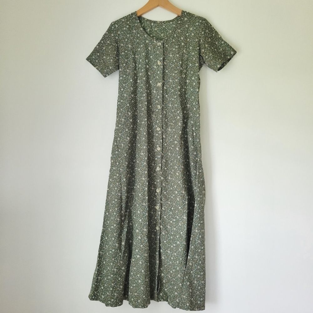 Hand Sewn Floral Green Maxi Dress Scoop Neck Button Down XS/S